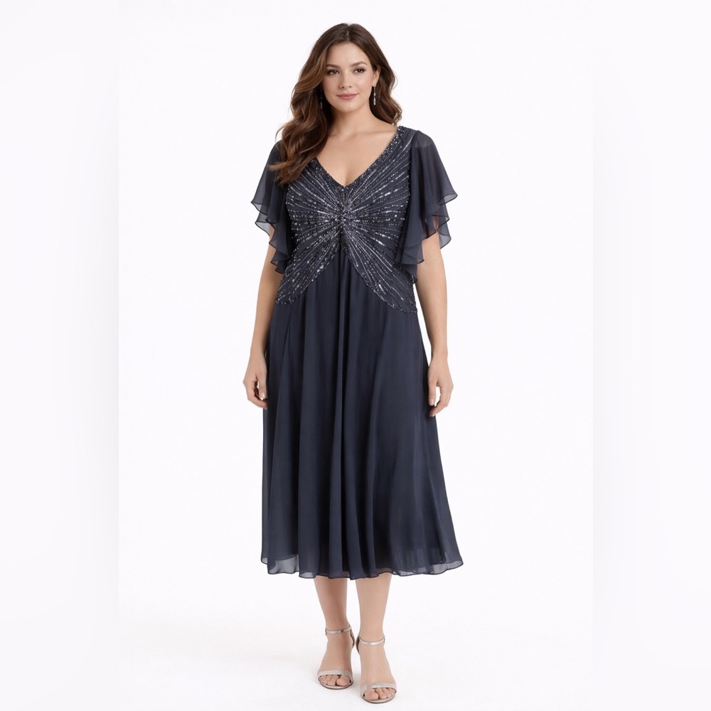 J Kara Flutter Sleeve Sequin Beaded Mother Of The Bride Gown